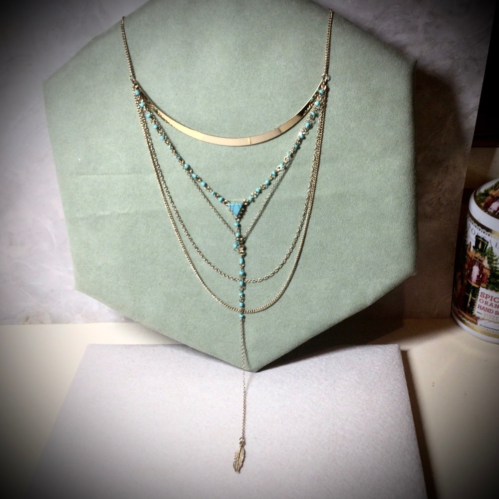 Faux Turquoise Beaded Multi Strand Gold Tone Lariet Feather Charm Necklace